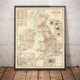 Ancienne carte des chemins de fer et canaux dans les îles britanniques 1872 par FullArton - Color Train Carte d'Angleterre, Irlande, Écosse, Pays de Galles