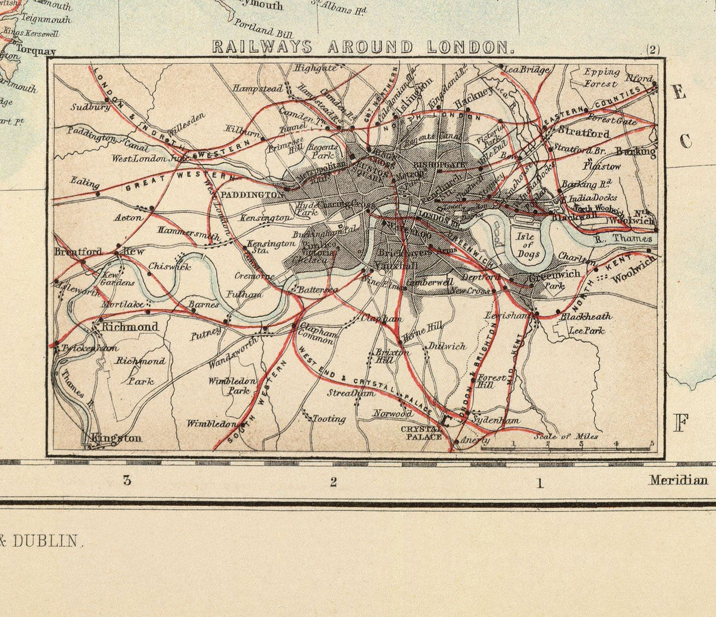 Old Map of Railways & Canals in British Isles 1872 by Fullarton - Colour Train Map of England, Ireland, Scotland, Wales