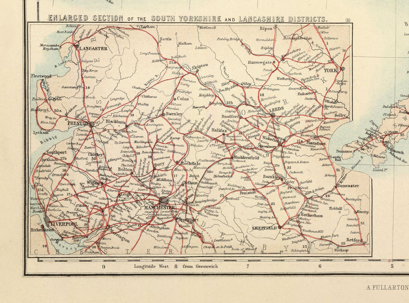 Old Map of Railways & Canals in British Isles 1872 by Fullarton - Colour Train Map of England, Ireland, Scotland, Wales