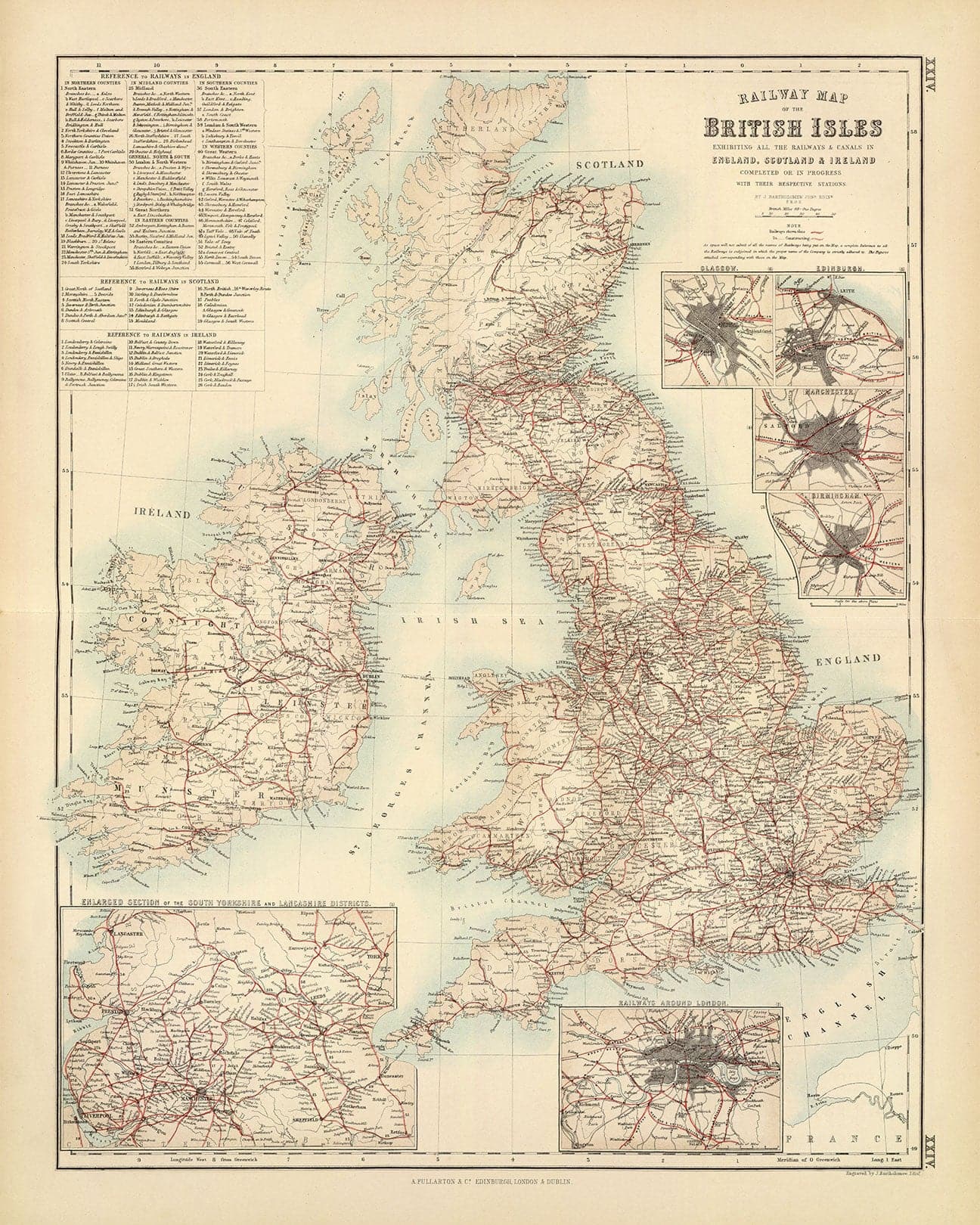 Old Map of Railways & Canals in British Isles 1872 by Fullarton - Colour Train Map of England, Ireland, Scotland, Wales