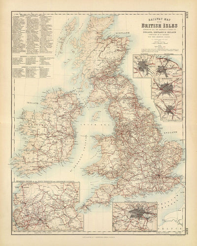 Old Map of Railways & Canals in British Isles 1872 by Fullarton - Colour Train Map of England, Ireland, Scotland, Wales