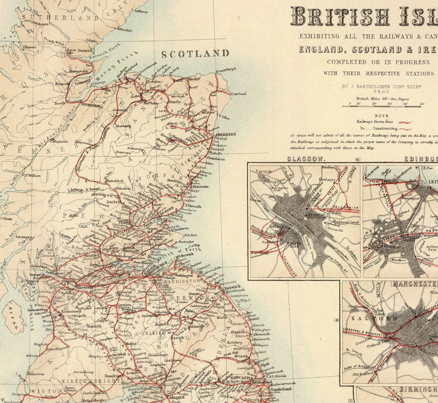 Old Map of Railways & Canals in British Isles 1872 by Fullarton - Colour Train Map of England, Ireland, Scotland, Wales