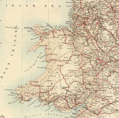 Old Map of Railways & Canals in British Isles 1872 by Fullarton - Colour Train Map of England, Ireland, Scotland, Wales