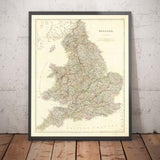 Antica mappa dell'Inghilterra e del Galles nel 1832 di John Arrowsmith - Città, Contee, Strade, Ferrovia 