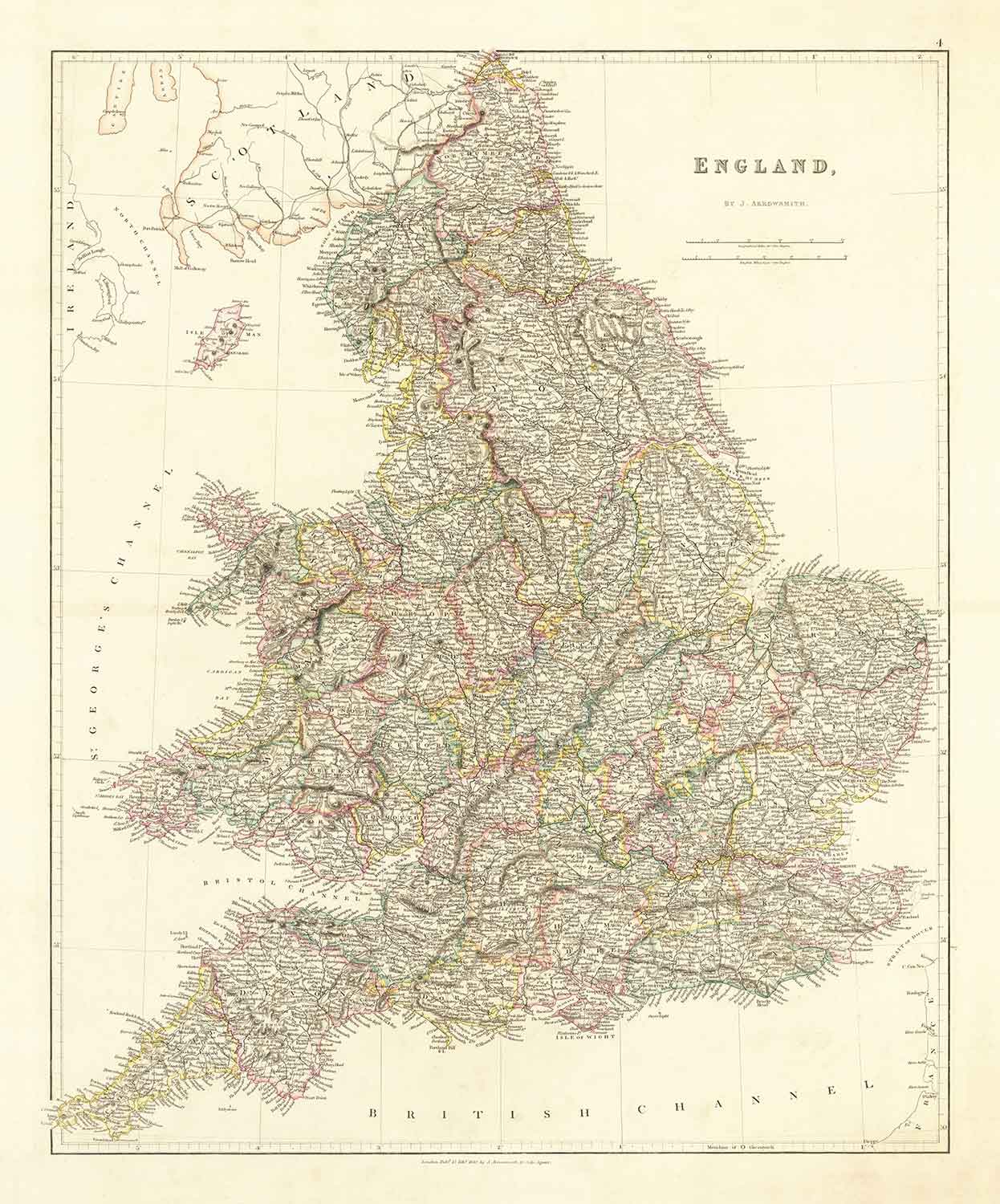 Antiguo mapa de Inglaterra y Gales en 1832 por John Arrowsmith - Ciudades, condados, carreteras, ferrocarril