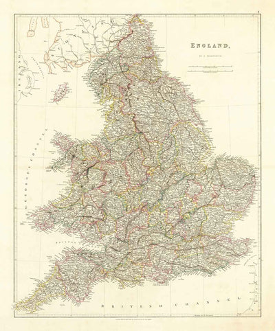 Antiguo mapa de Inglaterra y Gales en 1832 por John Arrowsmith - Ciudades, condados, carreteras, ferrocarril