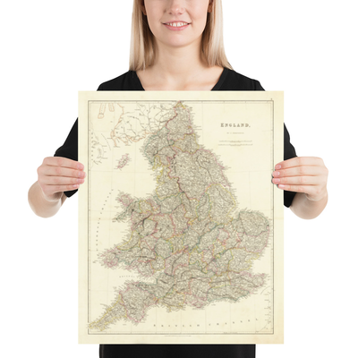 Antiguo mapa de Inglaterra y Gales en 1832 por John Arrowsmith - Ciudades, condados, carreteras, ferrocarril