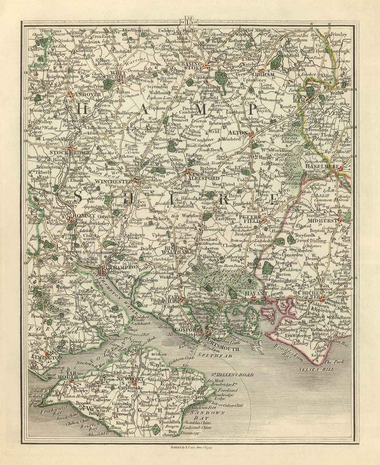 Alte Karte von Hampshire & Isle of Wight im Jahr 1794 von John Cary - Portsmouth, Southampton, Chichester, Havant 
