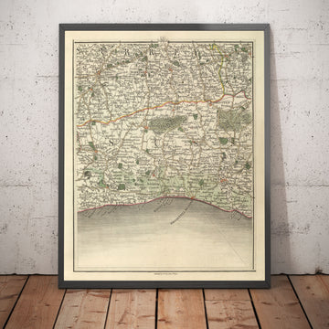 Vecchia mappa di Sussex e Surrey nel 1794 di John Cary - Brighton, Dorking, Lewes, East Grinstead, Crawley 