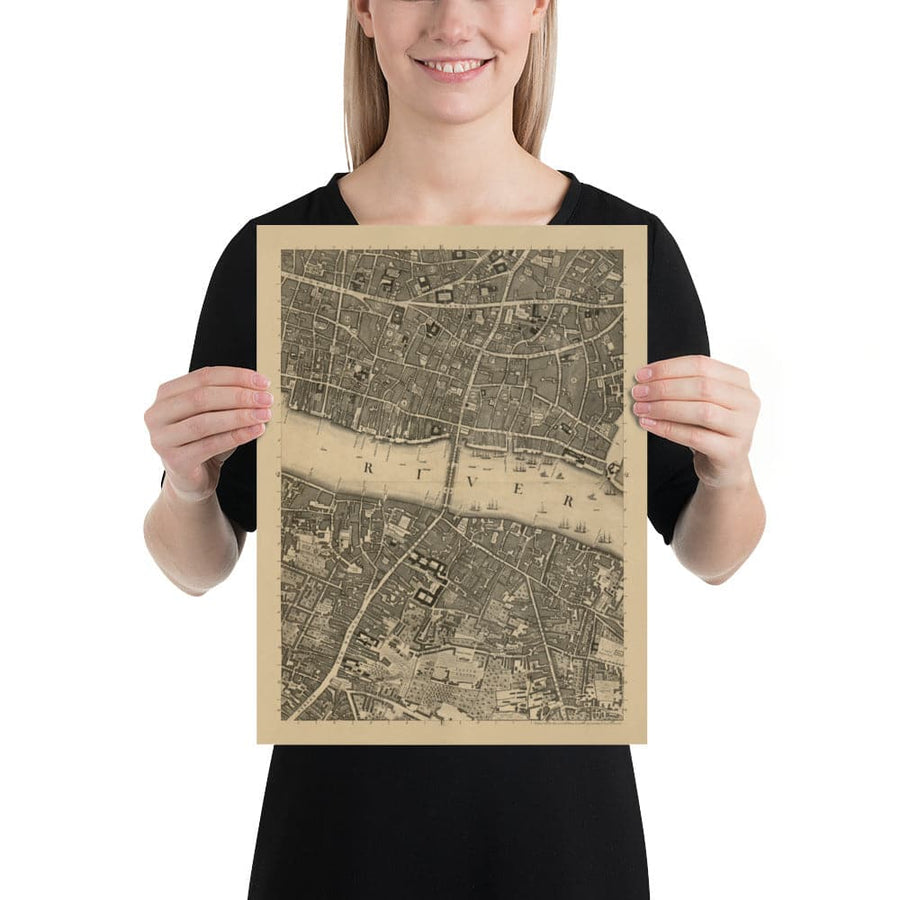 Ancienne carte de Londres, 1746 par John Rocque, E2 - London Bridge, City of London, Borough, Bermondsey, Monument, Cannon, Bank 