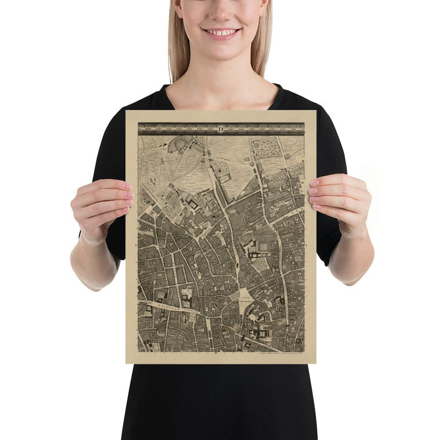 Ancienne carte de Londres, 1746 par John Rocque, D1 - Holborn, Clerkenwell, Farringdon, Barbican, Westminster, Ville de Londres, Marché Smithfield