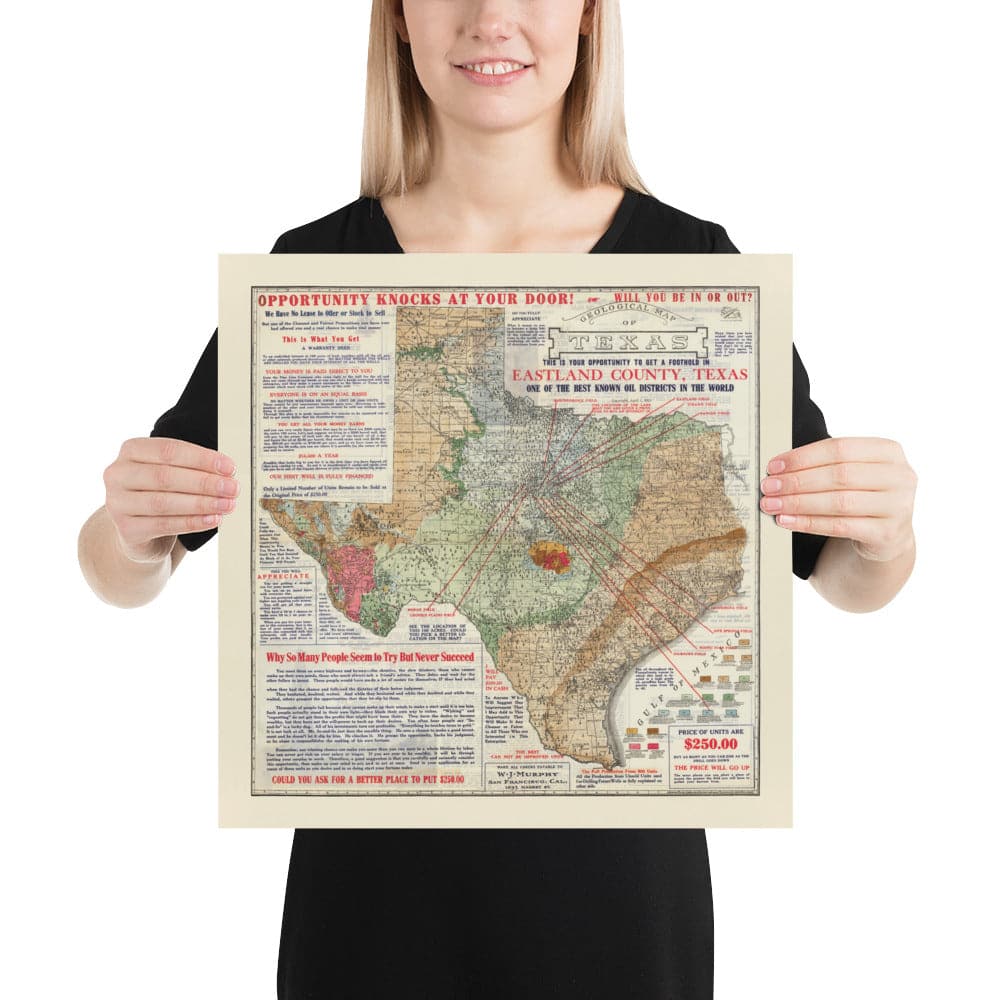 MAPA GEOLÓGICO VIEJO RARO DE TEXAS, 1921 - Tabla de inversión del auge de petróleo del condado de Eastland