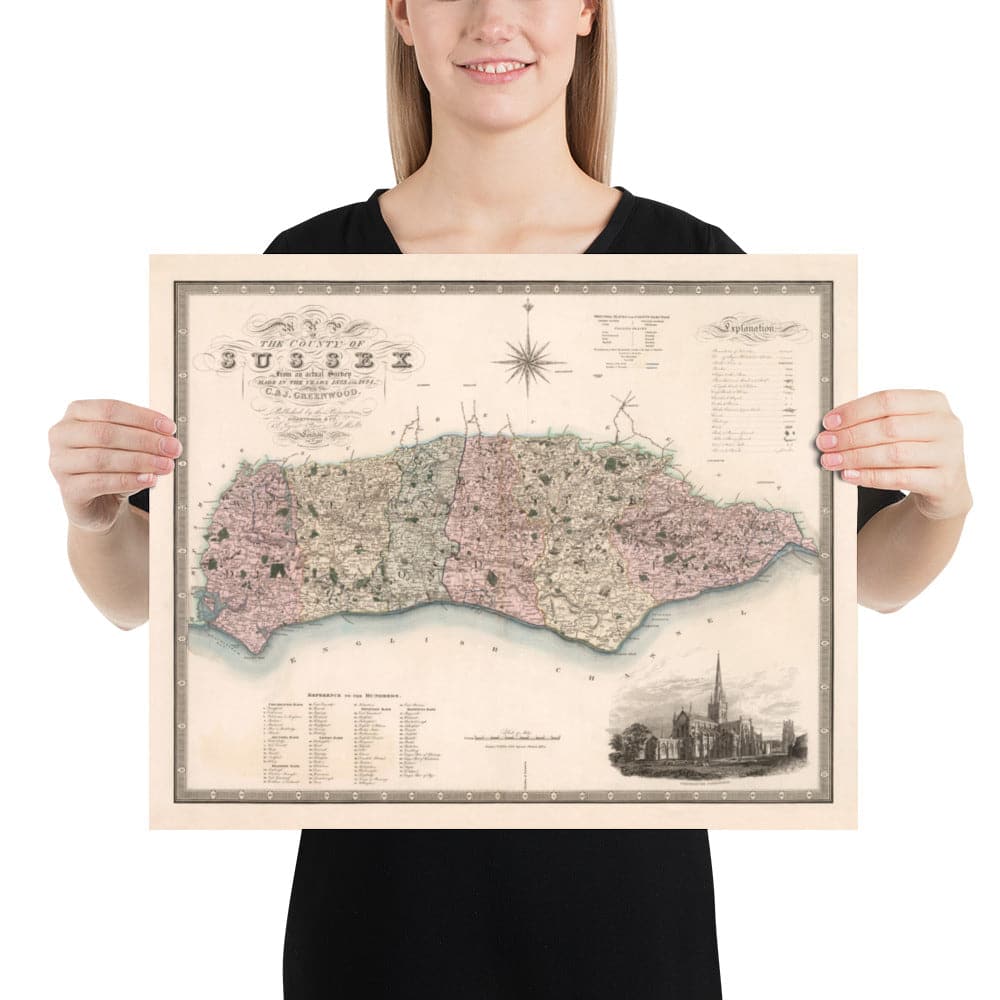 Old Map of Sussex 1829 by Greenwood & Co. - Worthing, Crawley, Brighton, Bognor, Eastbourne