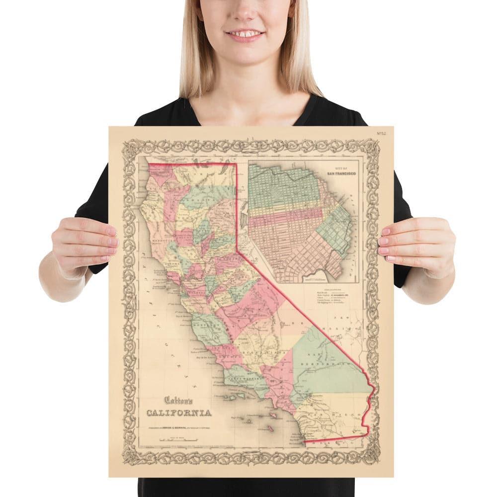 Old Map of California 1860, Colton - San Francisco, Los Angeles, San Diego, Santa Clara, Fresno, San Jose