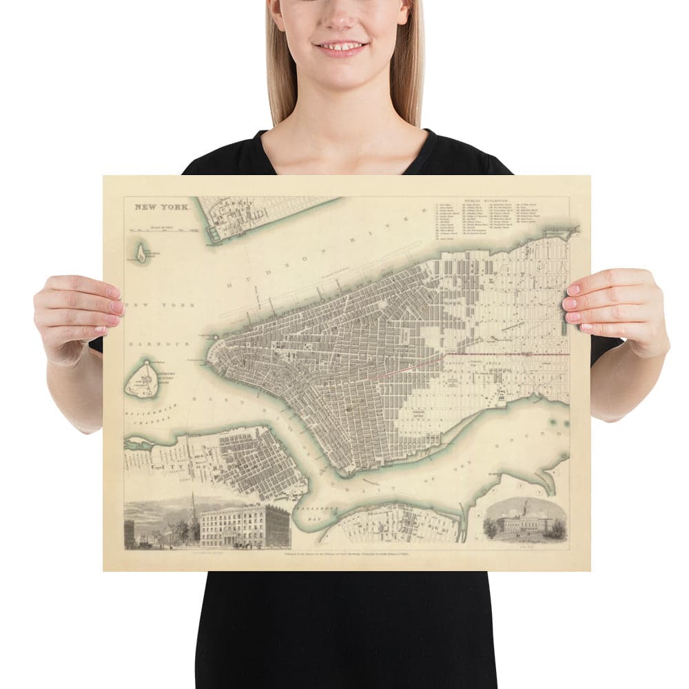 Viejo Mapa de Nueva York, Estados Unidos en 1840 - Manhattan, Brooklyn, Williamsburg, Hudson River