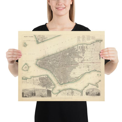 Viejo Mapa de Nueva York, Estados Unidos en 1840 - Manhattan, Brooklyn, Williamsburg, Hudson River