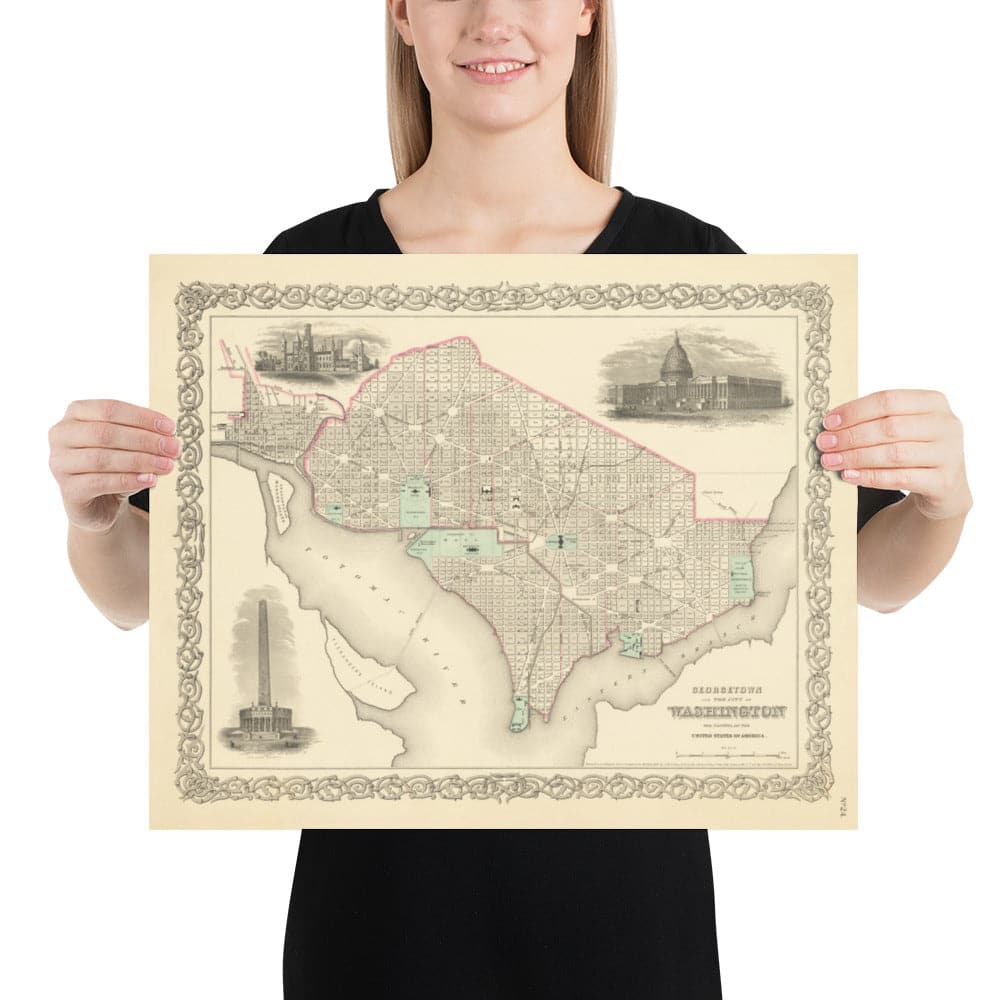 Viejo mapa de Washington DC, 1855 de Colton - Georgetown, Capitol, Monumento, Casa Blanca del Presidente, Smithsonian