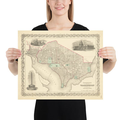 Viejo mapa de Washington DC, 1855 de Colton - Georgetown, Capitol, Monumento, Casa Blanca del Presidente, Smithsonian