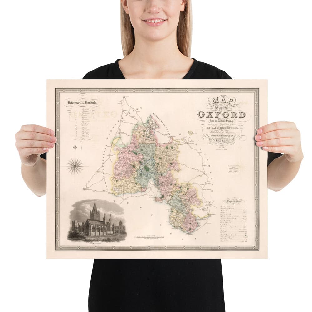 Old Map of Oxfordshire, 1829 by Greenwood - Oxford, Banbury, Abingdon, Bicester, University