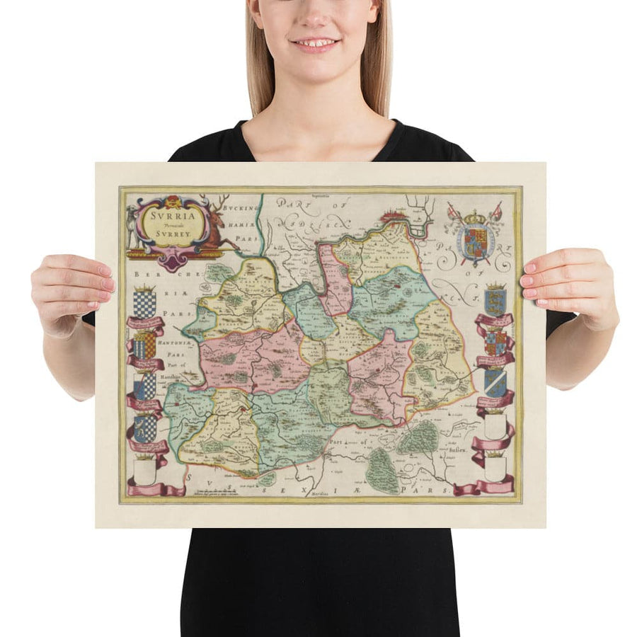 Mappa antica del Surrey nel 1665 di Joan Blaeu - Woking, Guildford, Croydon, Richmond, Kingston, Reigate 