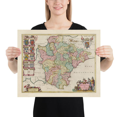 Alte Karte von Devon im Jahr 1665 von Joan Blaeu - Plymouth, Exeter, Torquay, Paignton, Exmouth, Barnstaple, West Country 