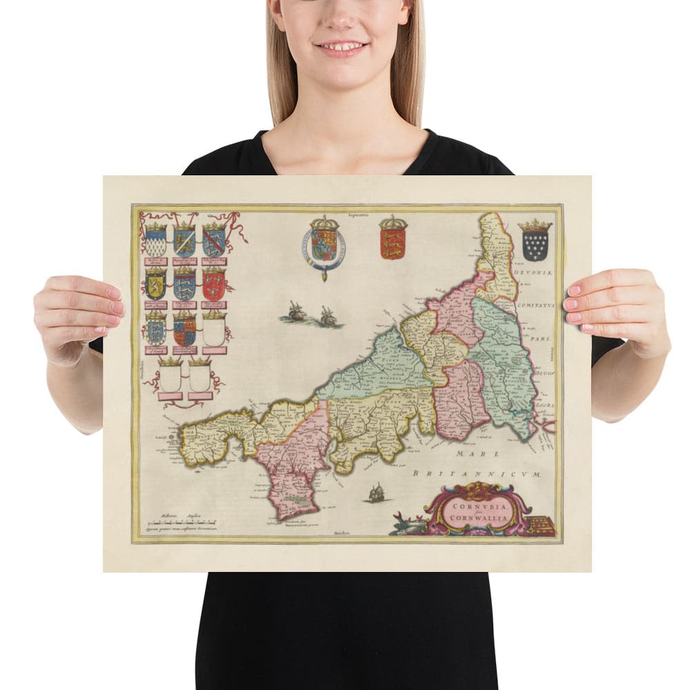 Old Map of Cornwall in 1665 by Joan Blaeu - Penzance, St Ives, Falmouth, Lands End, Padstow, Redruth, West Country