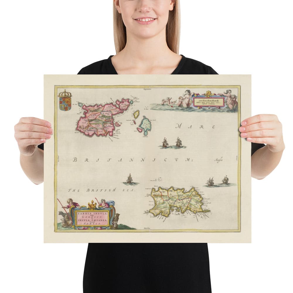 Old Map of Jersey and Guernsey, 1665 by Blaeu - English Channel Isles, Bailiwicks and Crown Dependencies, St Helier, Saint Peter Port