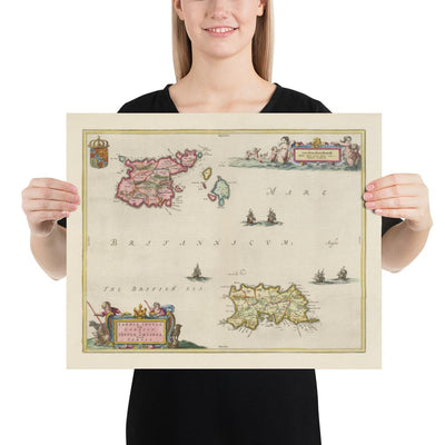 Old Map of Jersey and Guernsey, 1665 by Blaeu - English Channel Isles, Bailiwicks and Crown Dependencies, St Helier, Saint Peter Port