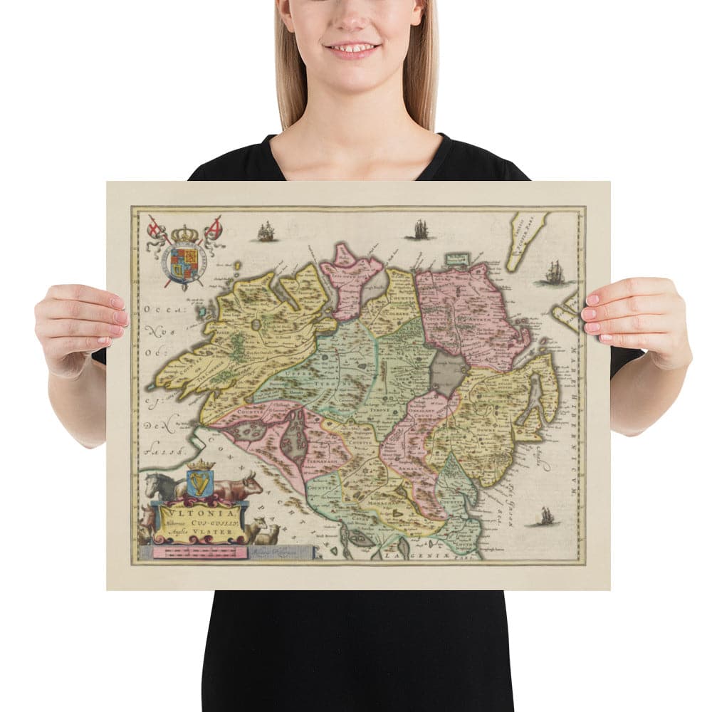 Old Map of Ulster, Northern Ireland in 1665 by Joan Blaeu - Belfast, Derry, County Antrim & Down, Eire