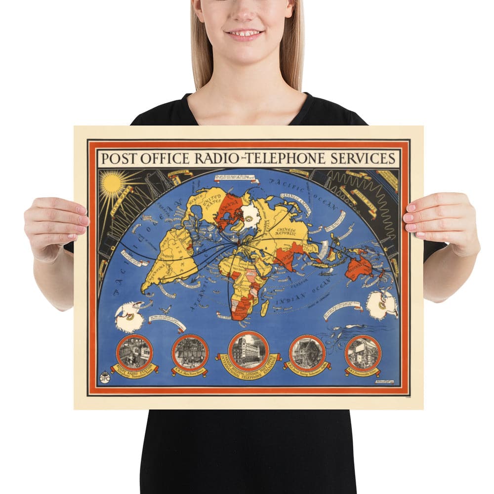 Post Office Radio Telephone World Map, 1935 by Max Gill - British Empire Wireless Network Wall Chart