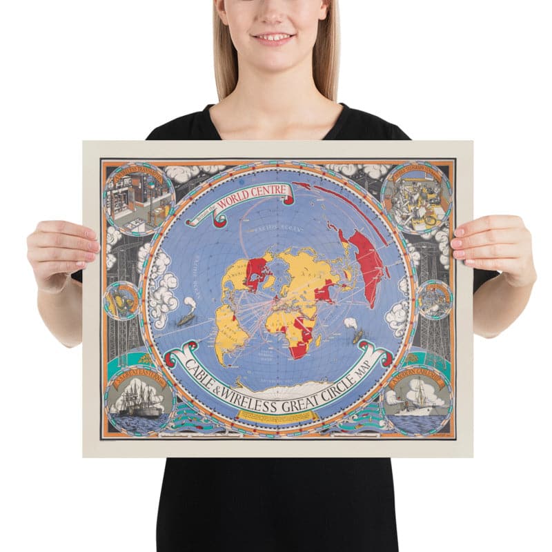 Ancienne carte du Grand Cercle de Cable & Wireless, 1945 par Max Gill - Carte du réseau sous-marin de l'Empire britannique de la Terre plate 