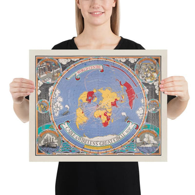Ancienne carte du Grand Cercle de Cable & Wireless, 1945 par Max Gill - Carte du réseau sous-marin de l'Empire britannique de la Terre plate 
