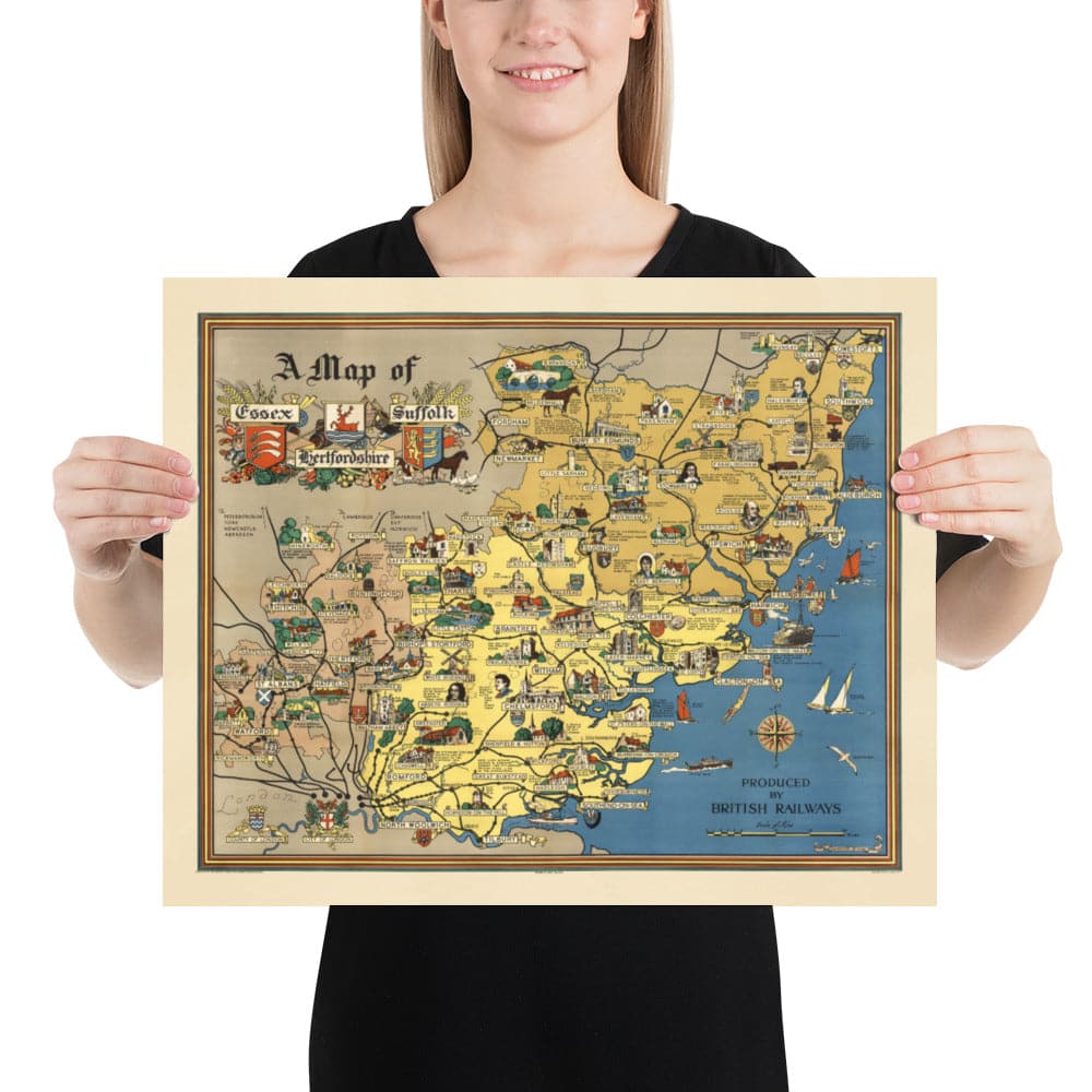 Ancienne carte d'Essex, Suffolk, Hertfordshire, 1948 - Tableau de chemin de fer britannique - Colchester, Southend, St Albans
