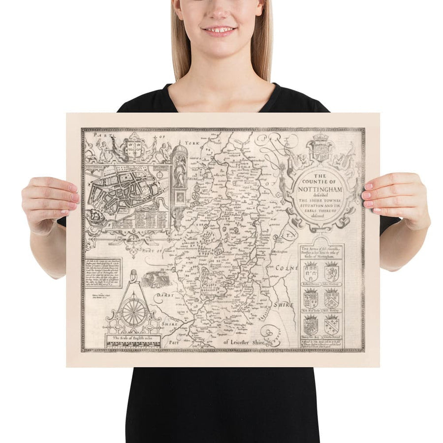 Ancienne carte de Nottinghamshire, 1611 par John Speed ​​- Nottingham, Mansfield, Newark, Travaquage, Sherwood Forest