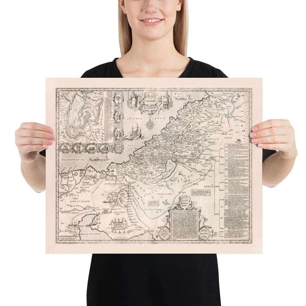 Mapa antiguo de Canaán, Israel, en 1627 por John Speed ​​- Jerusalén, Levant, Palestina, Middle East - Moses & Bible Tabla