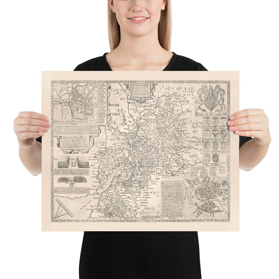 Ancienne carte de Gloucestershire, 1611 par John Speed ​​- Bristol, Cheltenham, Gloucester, Kingswood, Filton, Sud