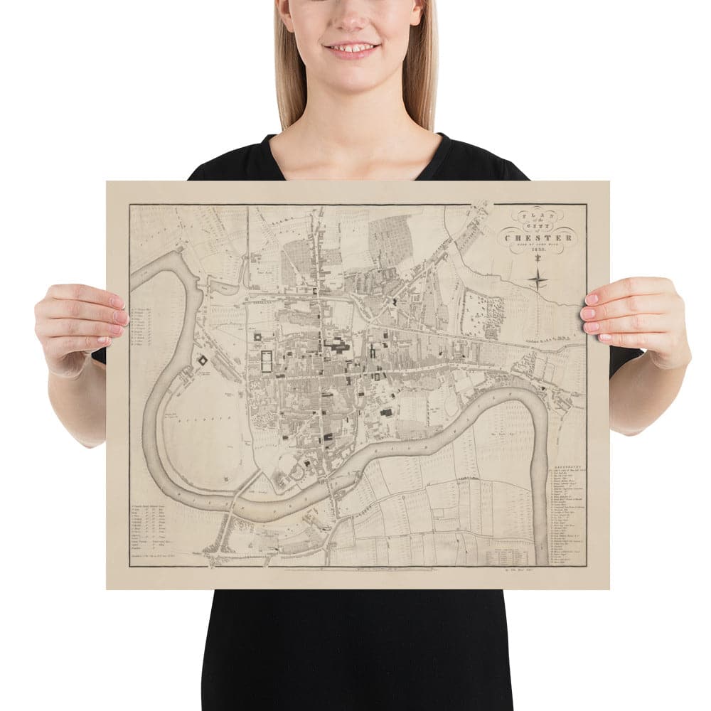 Viejo mapa de Chester, 1833 de John Wood - Catedral, Castillo, Curso de carreras, paredes, Río Dee, Tabla del Plan del Centro de Ciudad