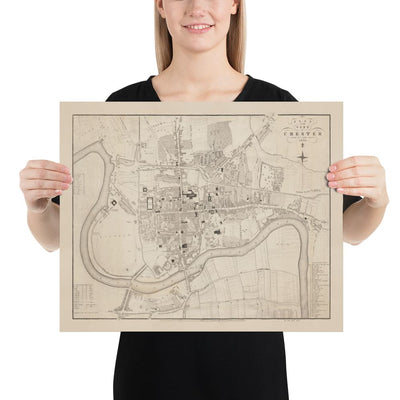 Viejo mapa de Chester, 1833 de John Wood - Catedral, Castillo, Curso de carreras, paredes, Río Dee, Tabla del Plan del Centro de Ciudad