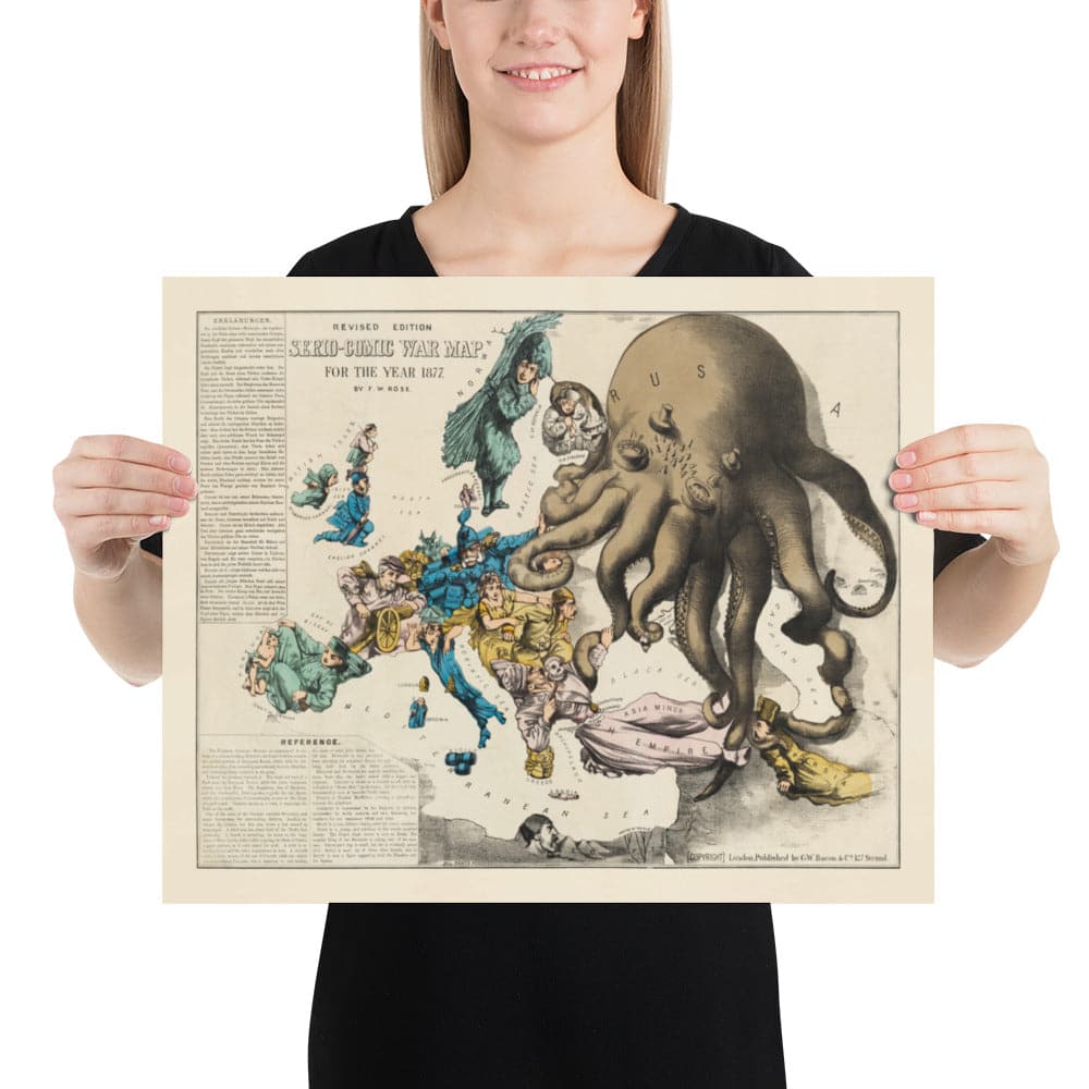 Ancienne carte satirique de l'Europe, 1877 par Fredrick Rose - Propagande sérieux-comique du 19ème siècle, Octopus des empires russe et ottoman 