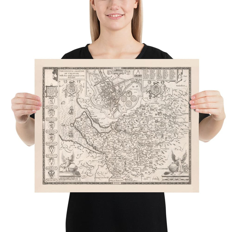 Ancienne carte monochrome du Cheshire en 1611 - Chester, Warrington, Crewe, Runcorn, Liverpool, Wirral, Merseyside 