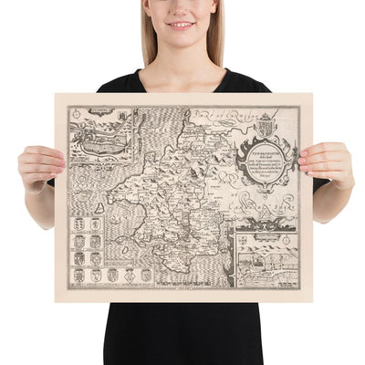 Old Monochrome Map of Pembrokeshire, Wales 1611 John Speed - Haverfordwest, St Davids, Fishguard, Southwest