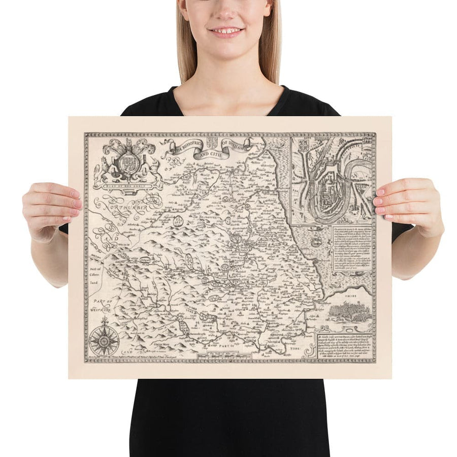 Old Monochrome Carte du comté Durham, 1611 par John Vitesse - Darlington, Stockton-On-Tees, Sunderland, Newcastle