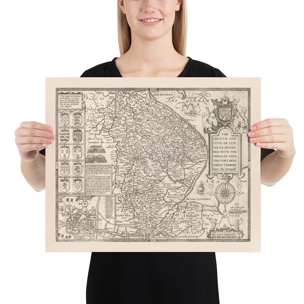 Old Monochrome Map of Lincolnshire in 1611 by Speed - Lincoln, Grimsby, Grantham, Boston, Scunthorpe, East Midlands