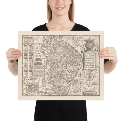 Old Monochrome Map of Lincolnshire in 1611 by Speed - Lincoln, Grimsby, Grantham, Boston, Scunthorpe, East Midlands