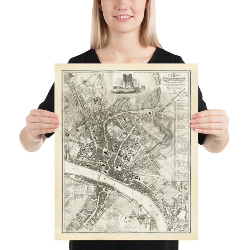 Antiguo mapa de Newcastle upon Tyne y Gateshead por Thomas Oliver, 1830