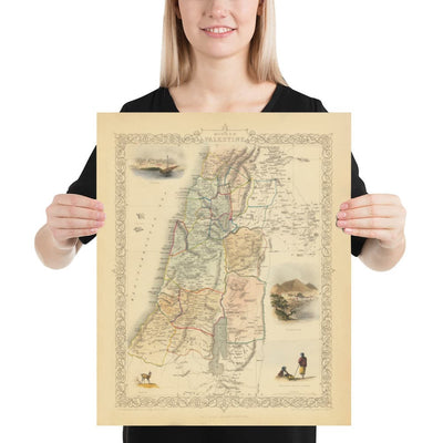 Ancienne carte de la Palestine en 1851 - Israël, Cisjordanie, Gaza, Nazareth, Naplouse, Haïfa, Jérusalem