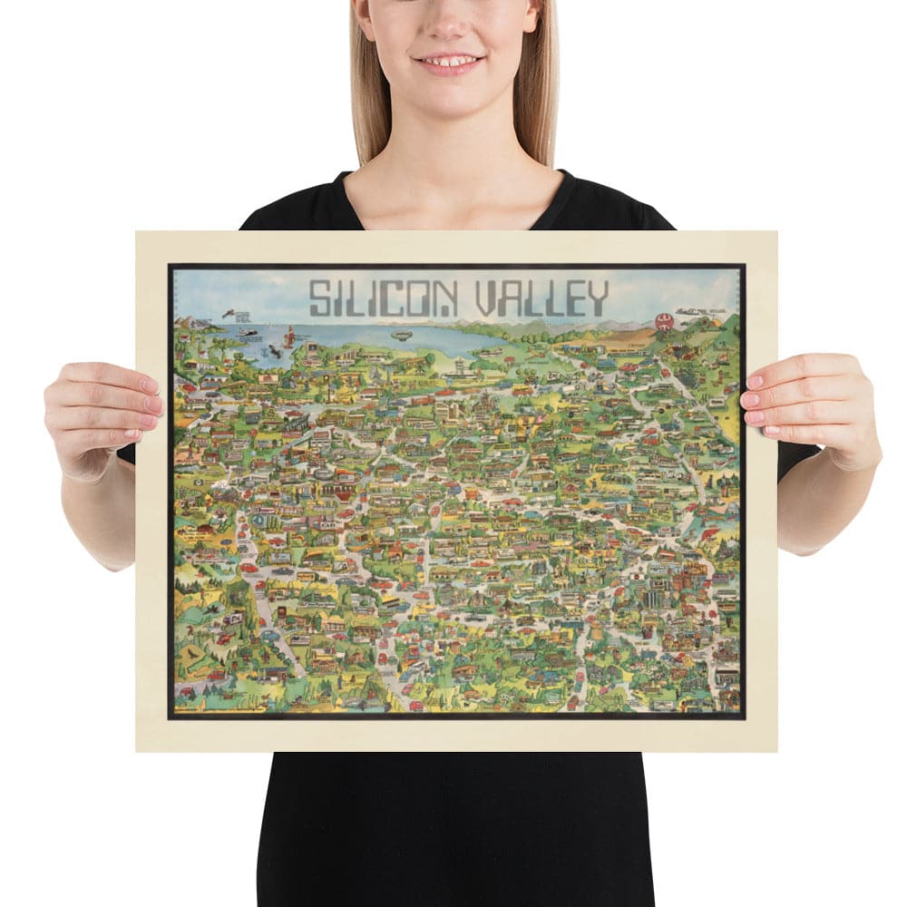Old Map of Silicon Valley, 1982 - Pictorial Chart of Mountainview, Sunnyvale, Cupertino, San Jose, Fremont