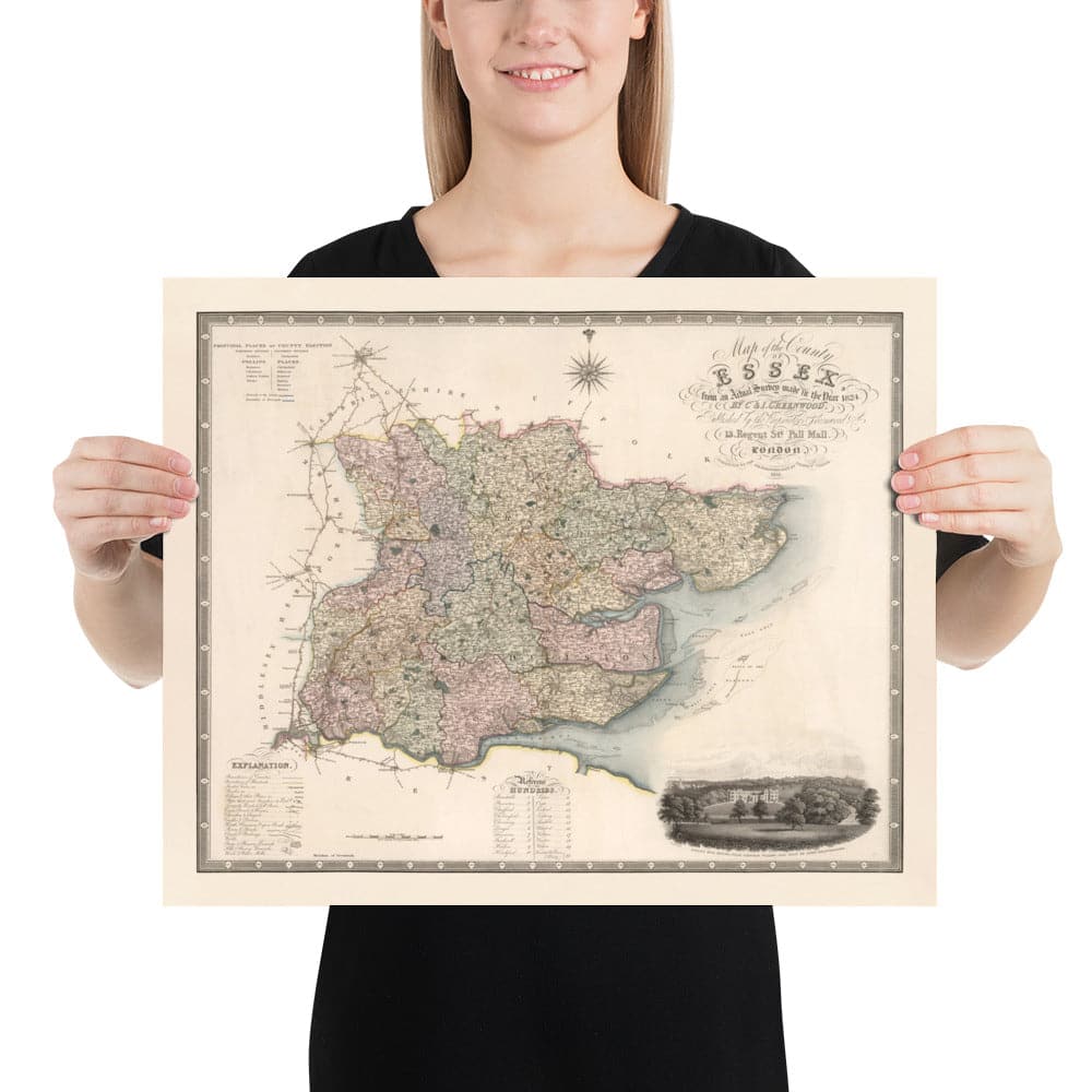 Ancienne carte d'Essex, 1831 par Greenwood & Co. - Southend, Colchester, Chelmsford, Romford, Dagenham, Brentwood, Basildon