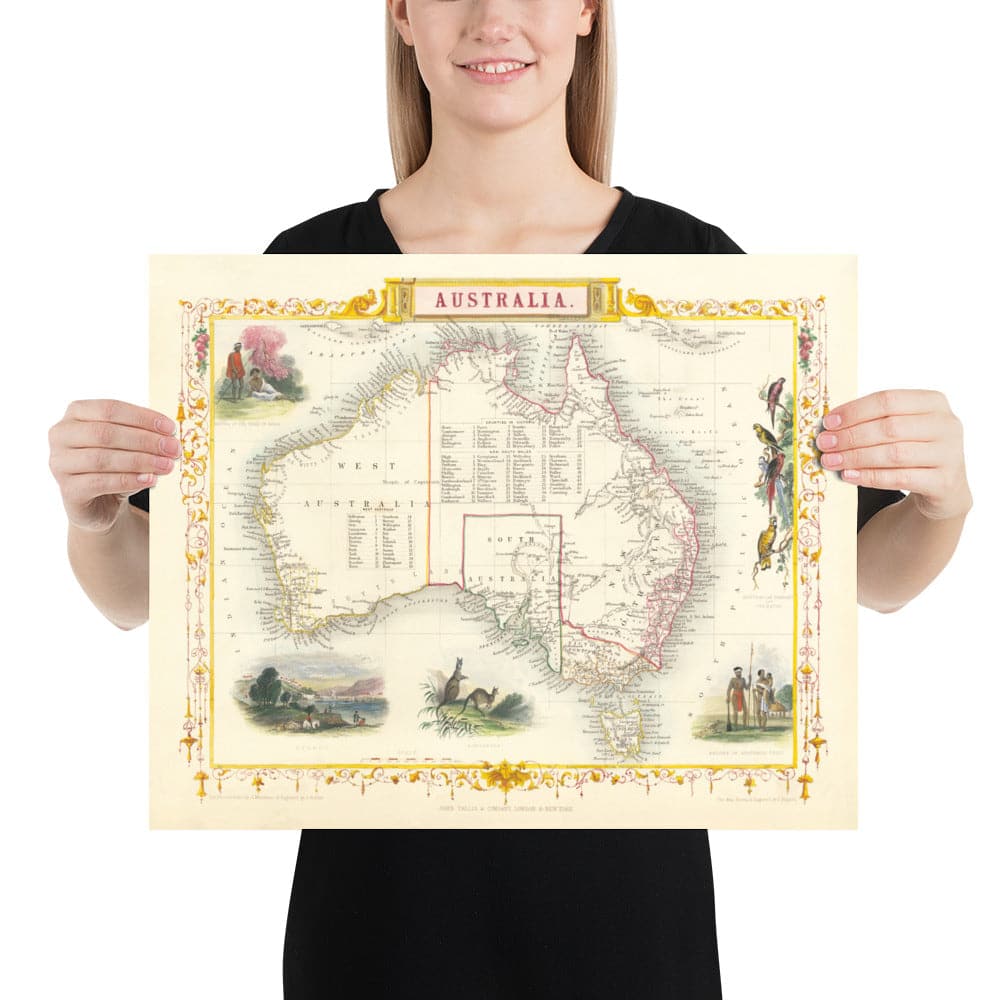 Ancienne carte d'Australie et de Tasmanie, 1851, par Tallis & Rapkin - Sydney, Melbourne, Perth