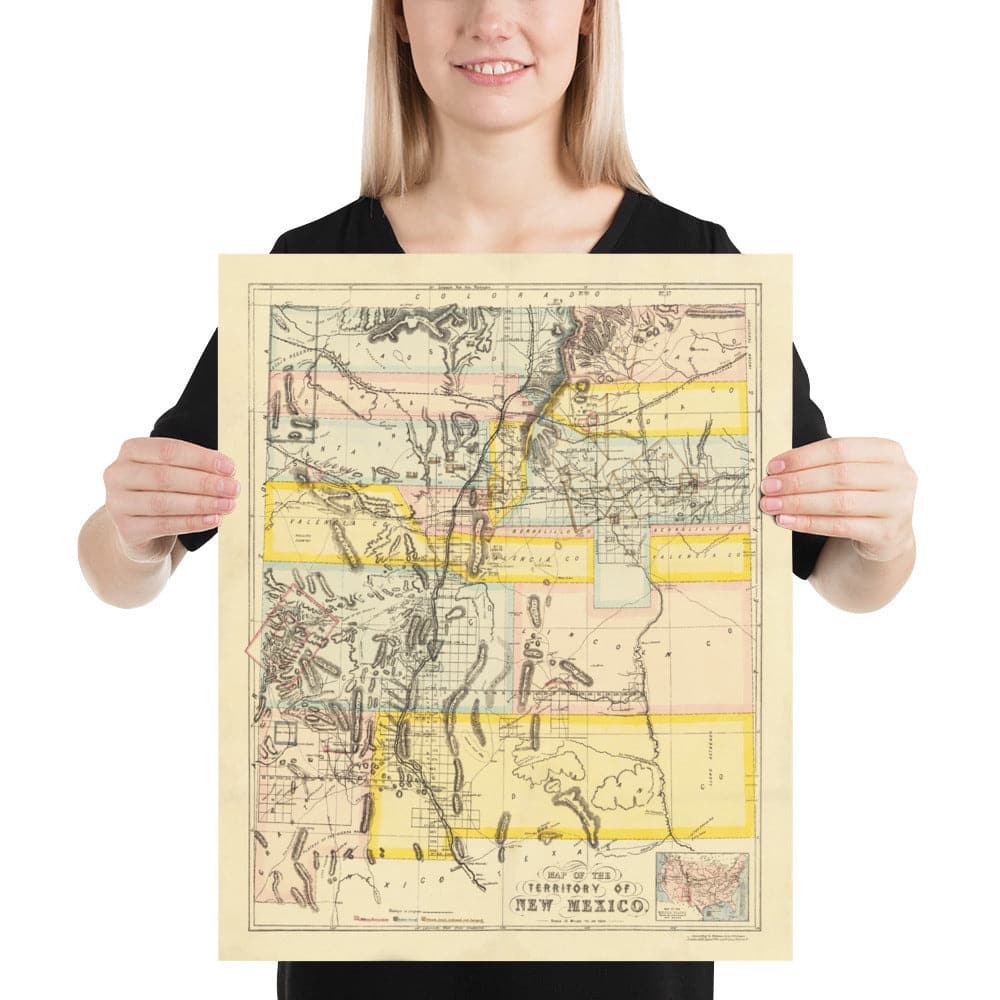 Old Map of New Mexico Territory, USA, 1873 - Land Grants, Rio Grande, Native Americans, Sante Fe, Rocky Mountains